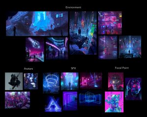 Photobashing for virtual concert. Inspiration for environment, avatars, special effects, and focal point.