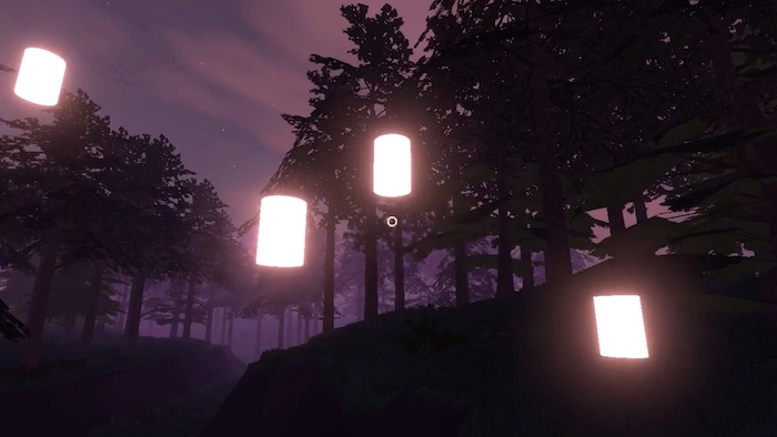 Dark forest of glowing lanterns floating in mid-air
