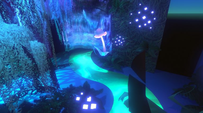 art installation featuring a projection-mapped river, LED flowers, glowing mushrooms, and foliage